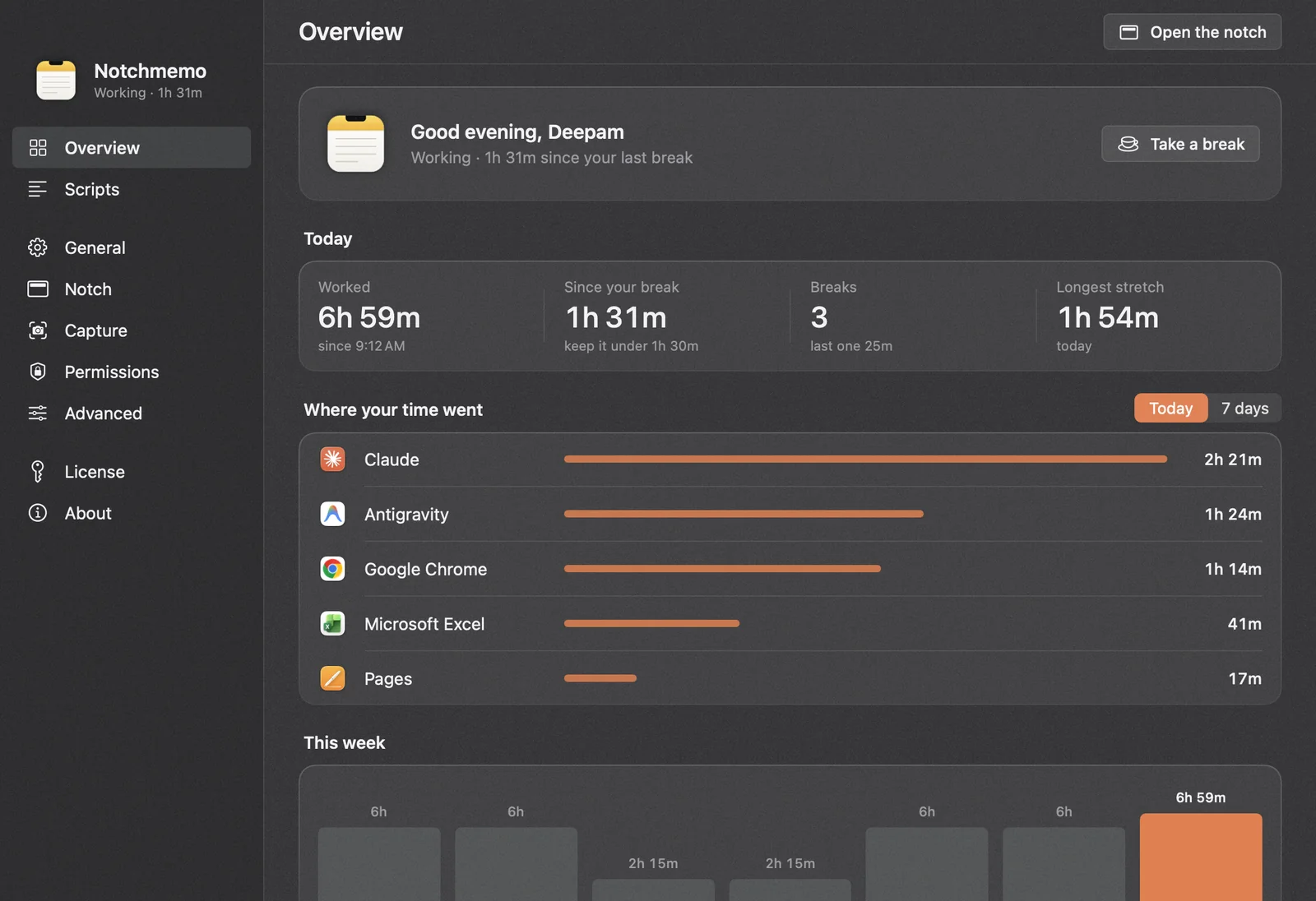 The NotchMemo app window: today’s worked time, breaks and where your time went.