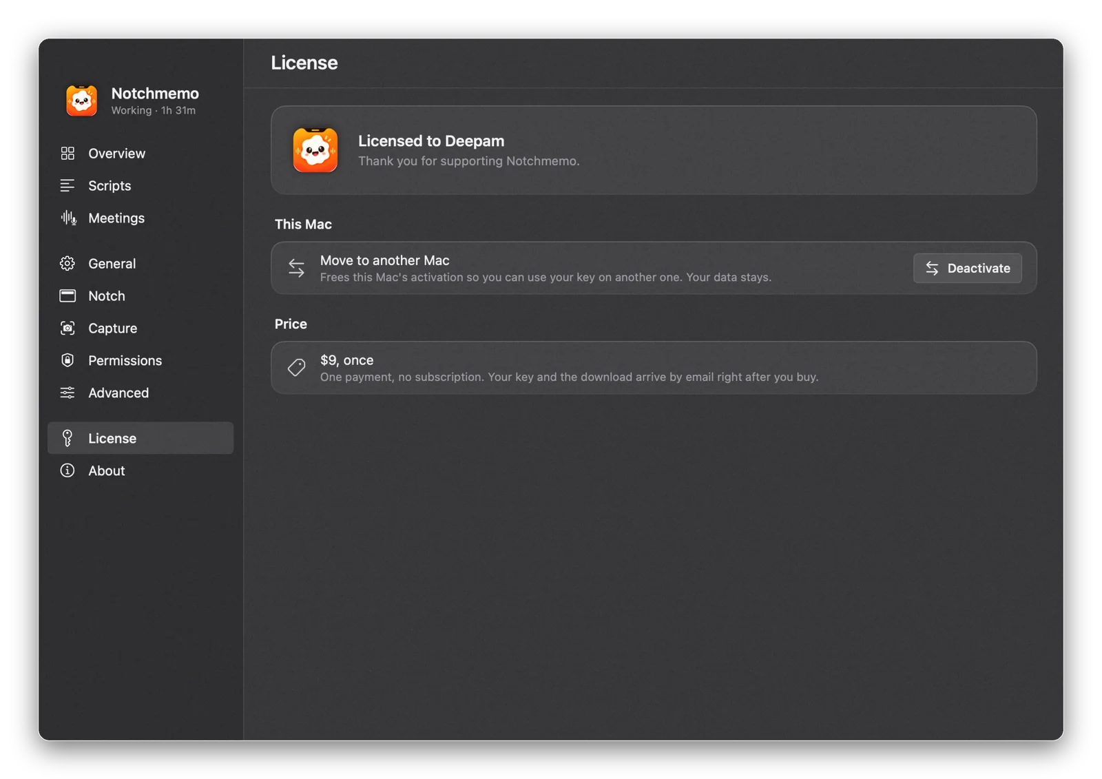 The License page once activated: Licensed to your name, with Move to another Mac.