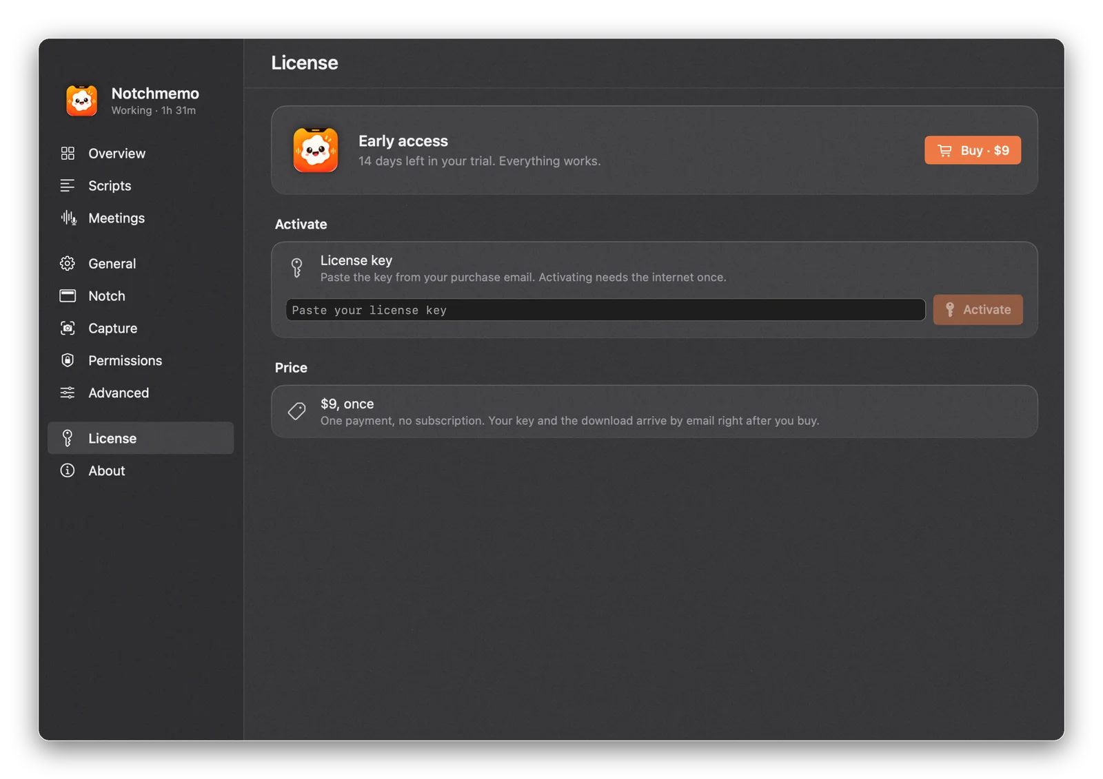 The License page before activation: paste your license key and press Activate.