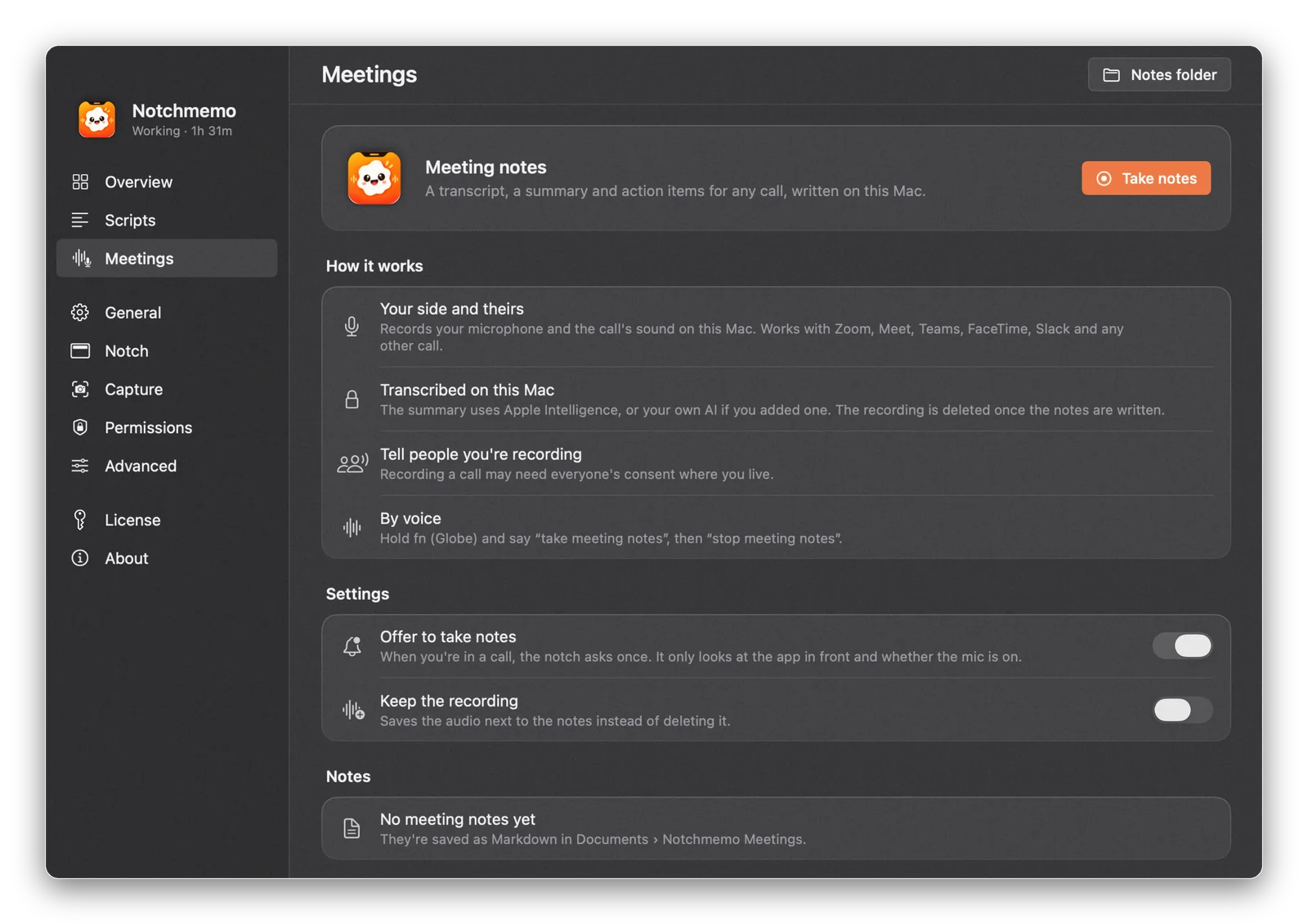 The Meetings page: how it works, settings for offering to take notes and keeping the recording, and your notes.
