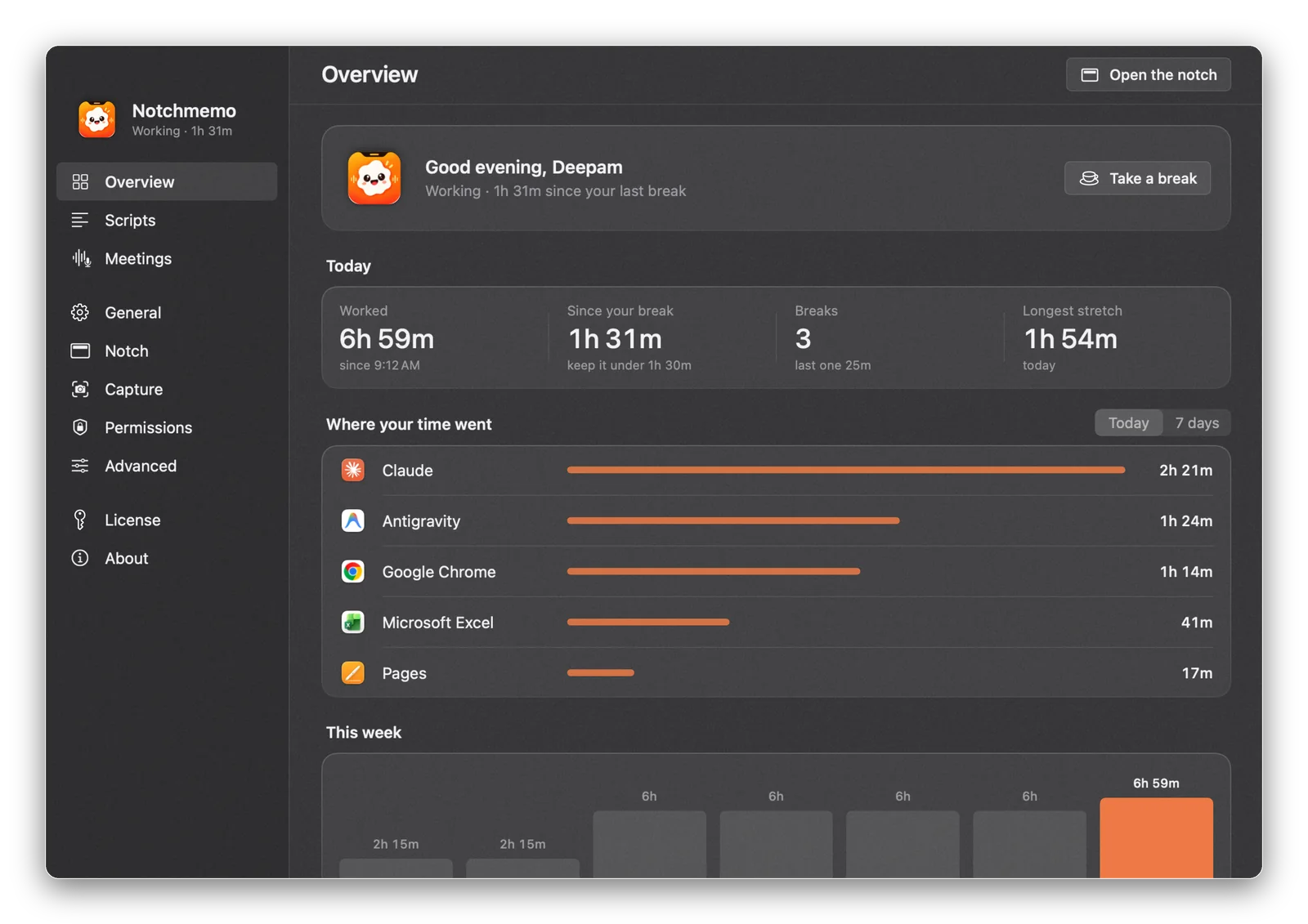 The app window: Overview with today’s worked time, breaks, longest stretch, where your time went and this week.