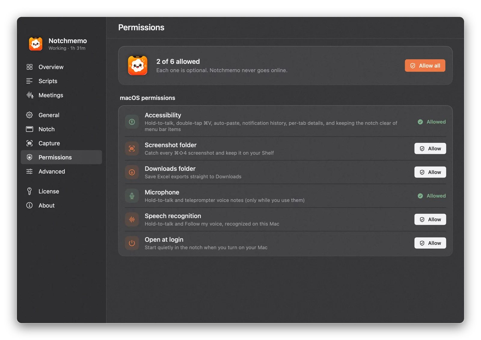 Settings › Permissions in Notchmemo: each permission with its status, live.
