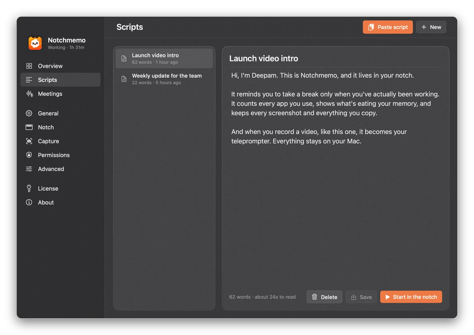 The Scripts page in the NotchMemo app, listing teleprompter scripts.
