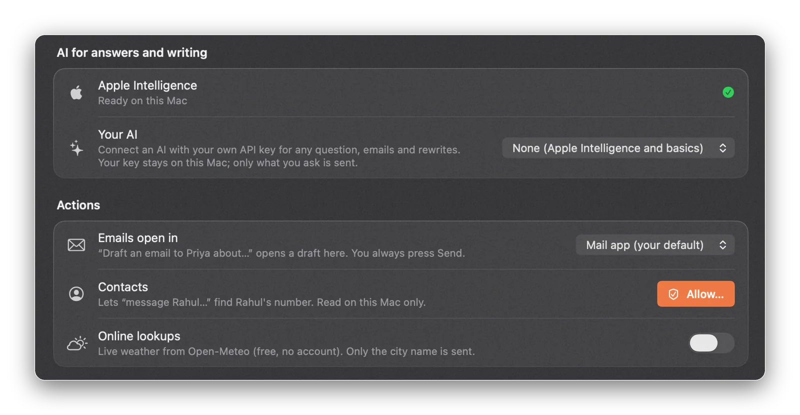 Settings › Notch: AI for answers and writing, with Apple Intelligence and Your AI, and the Actions section.