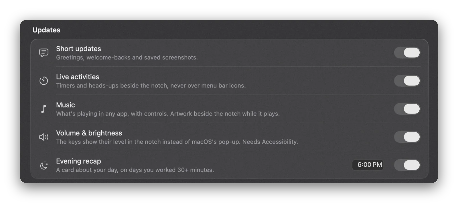 NotchMemo’s Updates settings for music, volume and brightness, and the recap.