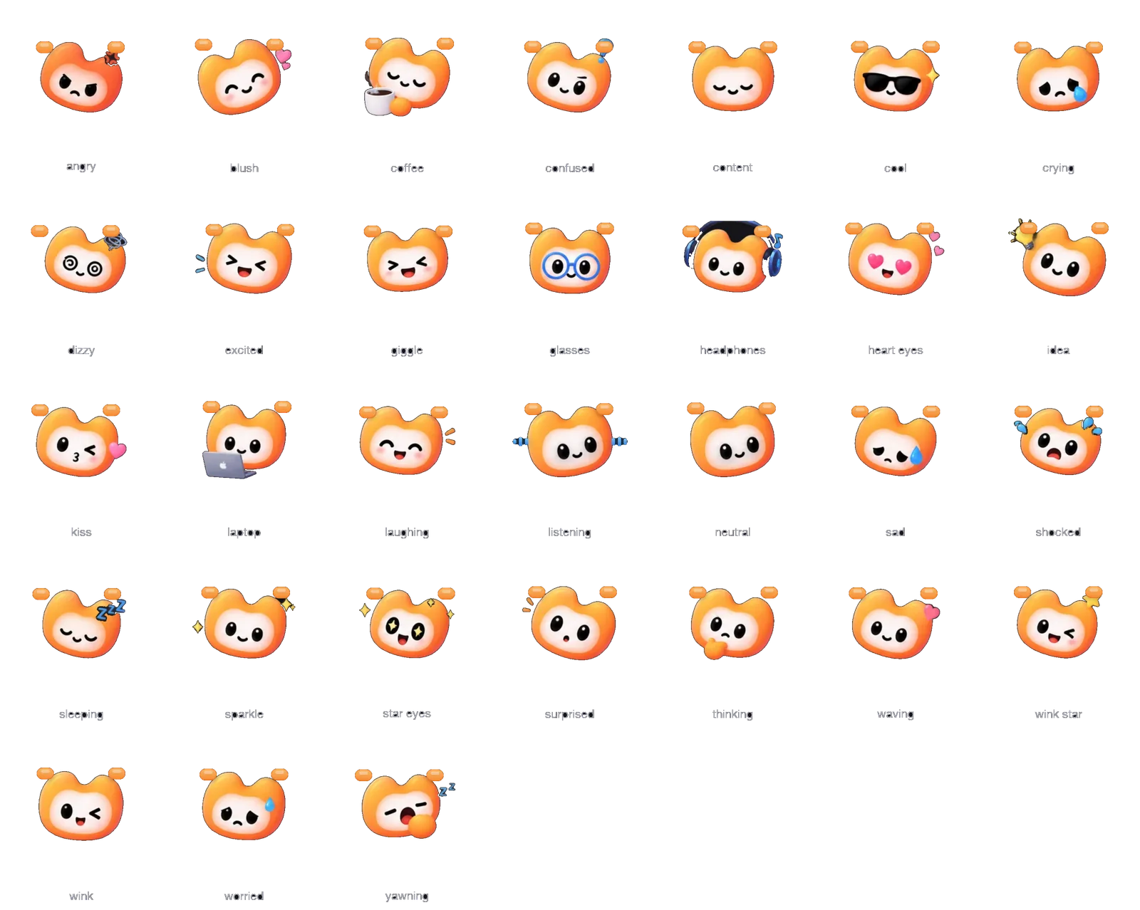 Every one of Memo’s faces: angry, blush, coffee, confused, content, cool, crying, dizzy, excited, giggle, glasses, headphones, heart eyes, idea, kiss, laptop, laughing, listening, neutral, sad, shocked, sleeping, sparkle, star eyes, surprised, thinking, waving, wink star, wink, worried, yawning.