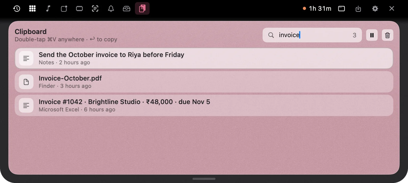 Clipboard history searching “invoice”: a note, a PDF and a spreadsheet, each with the app it came from.