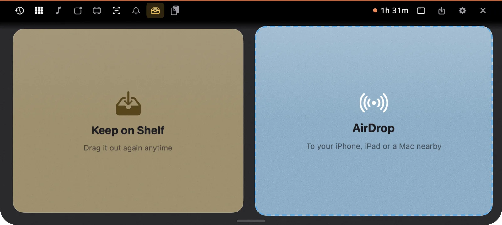 Dragging a file onto the notch shows two drop zones: Keep on Shelf and AirDrop.