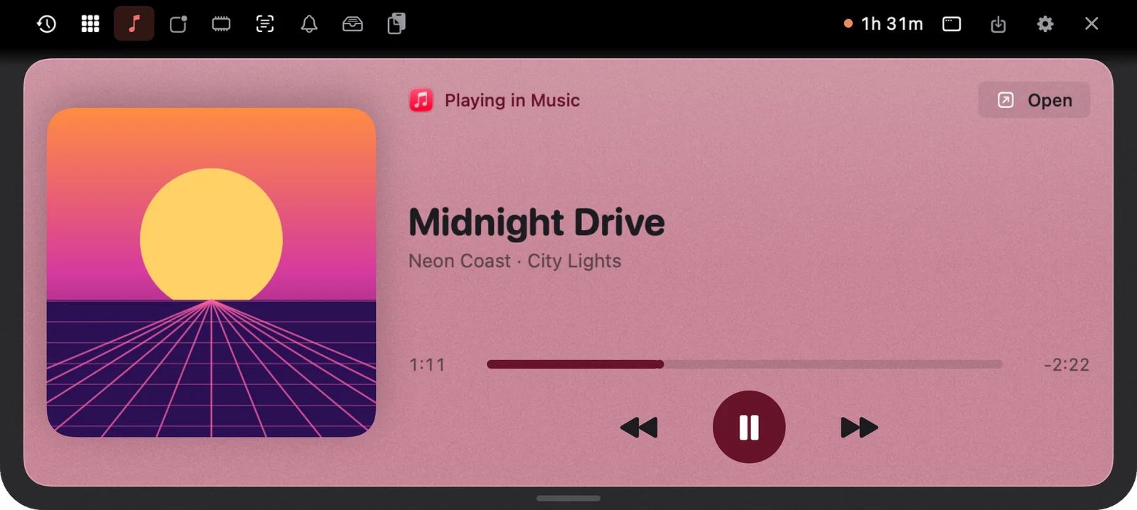 The Music tab: album artwork, title, artist, progress and play, pause, back and next controls.