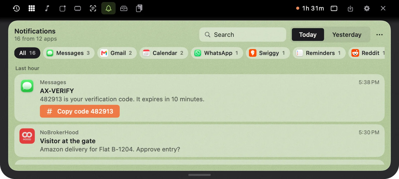 Notification history with app icons, filters per app, and a Copy code button on a verification code.