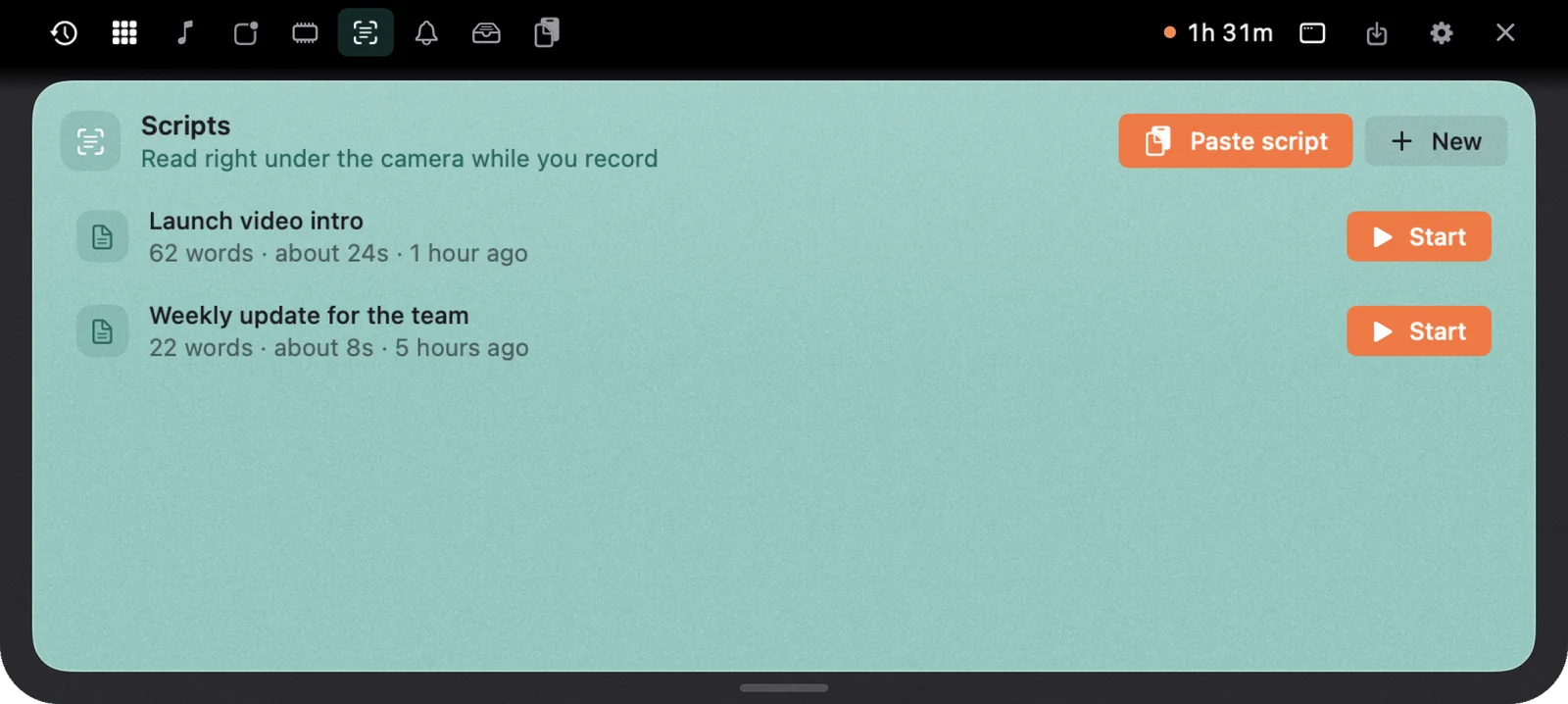 The Scripts tab in the notch, with a script ready to start.