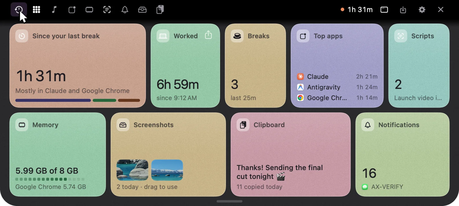 The Summary: since your last break, worked, breaks, top apps, scripts, memory, screenshots, clipboard and notifications in pastel cards.
