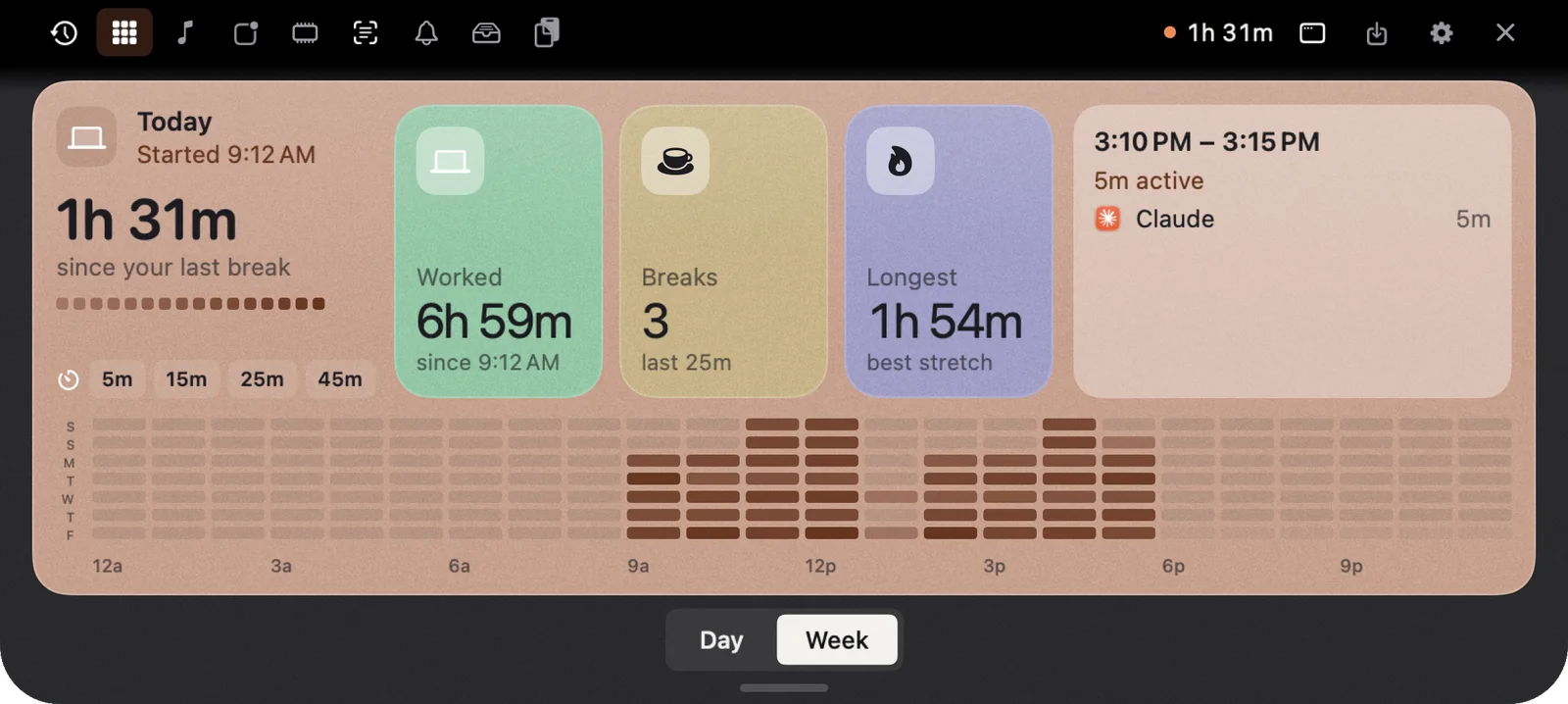 Week view: seven days side by side with worked time, breaks and longest stretch.