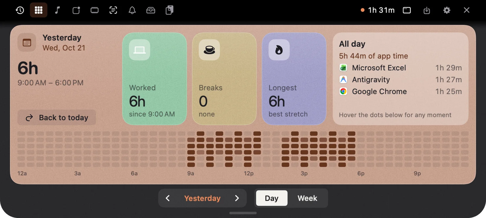 The Yesterday view in the notch, with the day picker and a strip of dots for every five minutes
